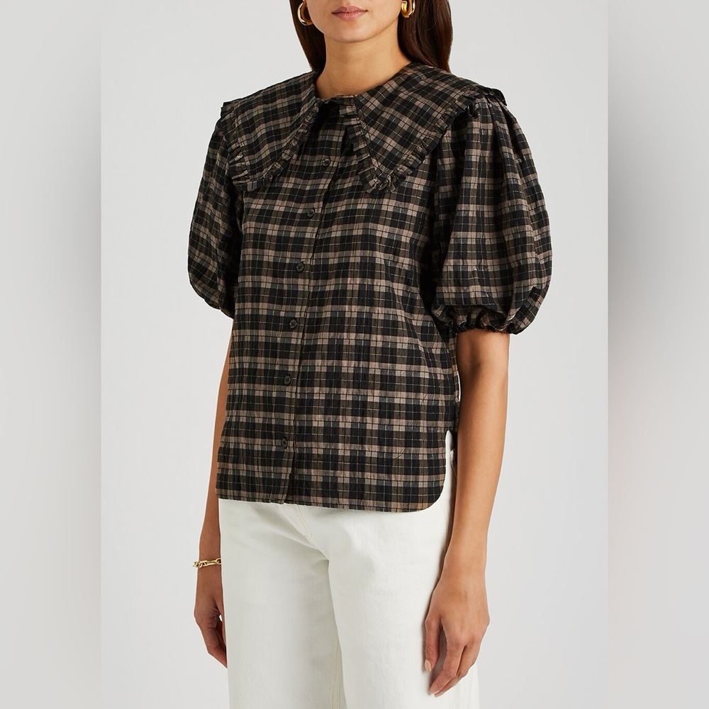GANNI size 38 brown check seersucker top. DK38/medium/us 6